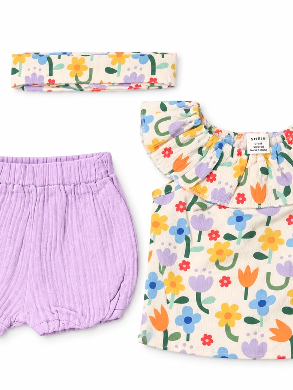 SHEIN Kids Floral Ruffle Top, Lilac Shorts & Headband Set - Multicolor